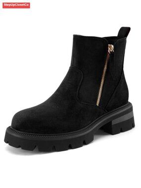 Suede Platform Low Chunky Heel Ankle Boots Dual Side Zipper Round Toe